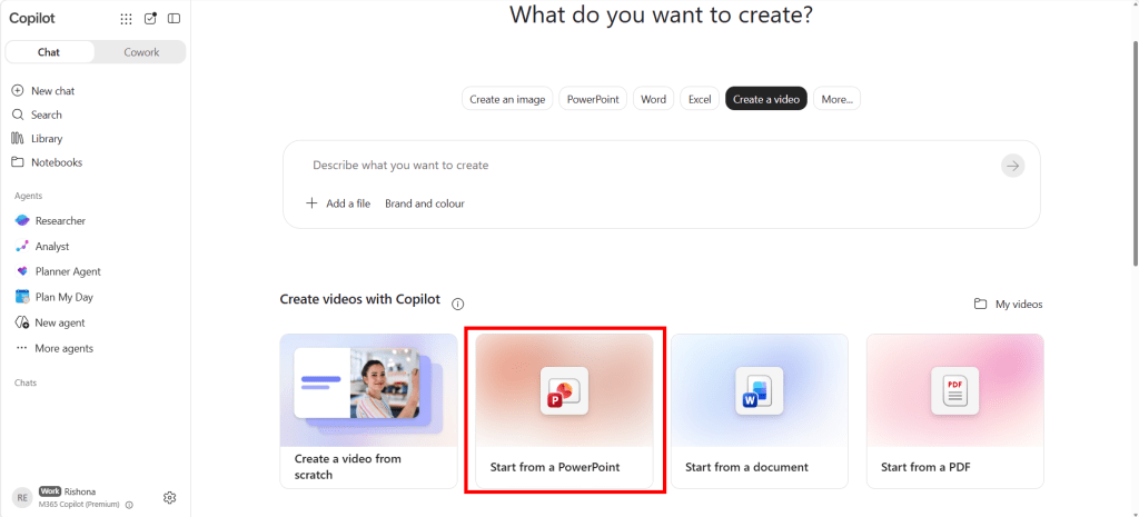 Screenshot of Create in M365 Copilot: Start from a PowerPoint