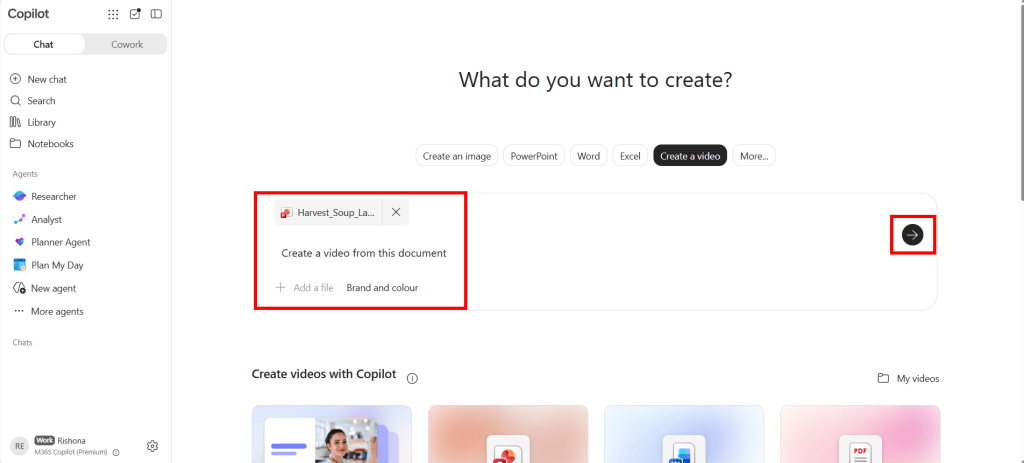 Screenshot of Create in M365 Copilot: Select a PowerPoint