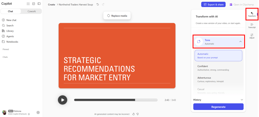 Screenshot of Create in M365 Copilot: Change video tone
