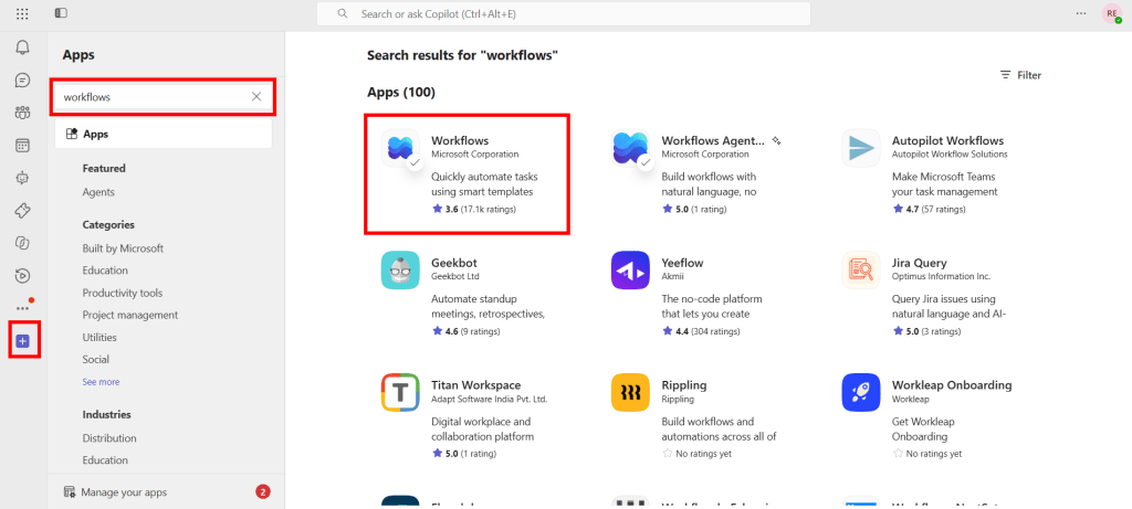Screenshot of the Microsoft Teams app catalogue with Workflows app selected