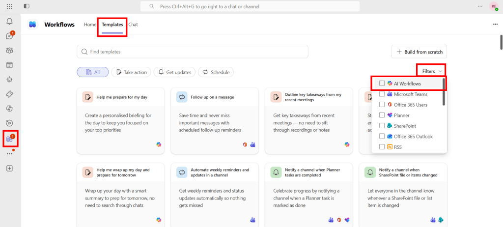 Screenshot of Workflows app: Templates tab with AI Workflows filter