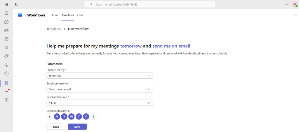 Screenshot of Workflows app: Template for meeting prep