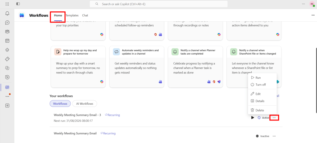 Screenshot of Workflows app: Home tab