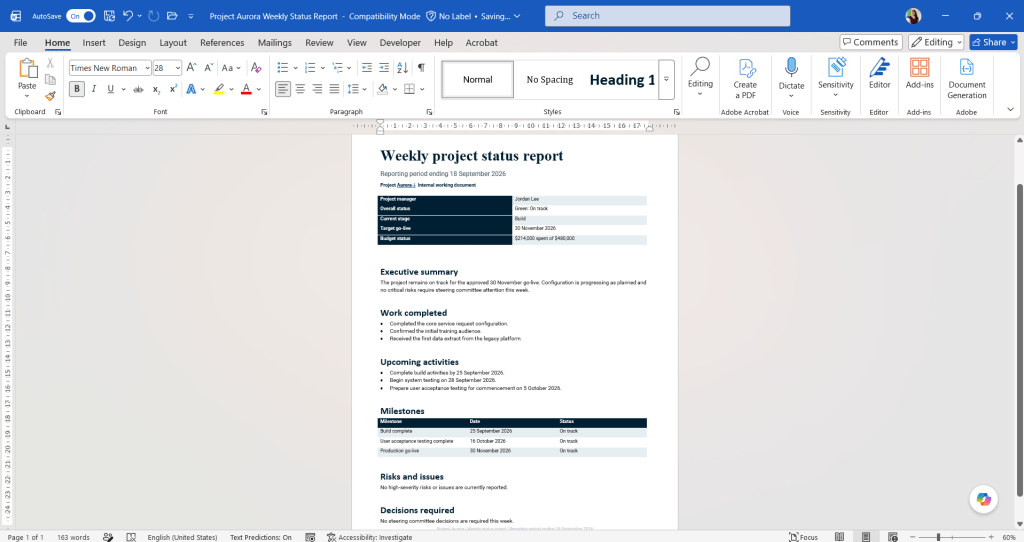 Screenshot of Microsoft Word: A document template called "Weekly project status report"