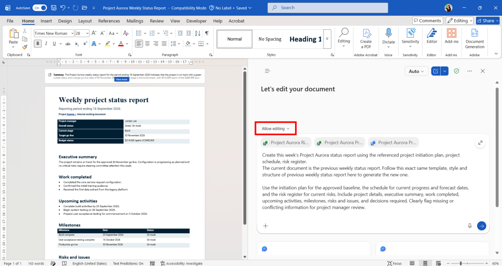 Screenshot of Microsoft Word: Copilot Edit mode with prompt entered