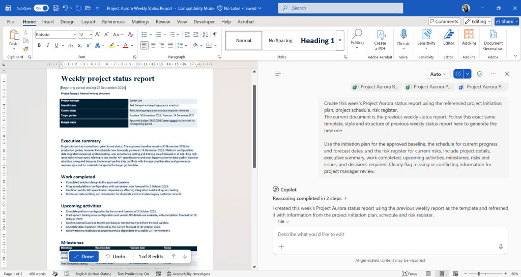 Screenshot of Microsoft Word: Updated Word document after prompt has run