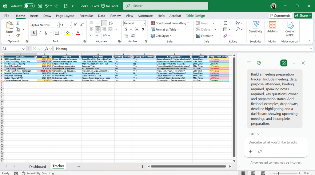 Screenshot of Meeting Preparation Tracker: Tracker sheet
