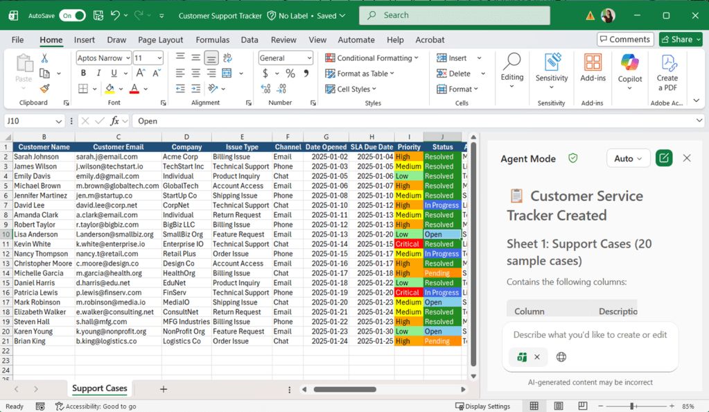 Screenshot of Customer Support Tracker cases list in Excel